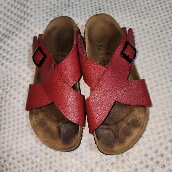 BIRKENSTOCK BIRKIS EUC WOMENS 9.5 RED LEATHER CROSS STRAP SANDALS - Picture 1 of 5
